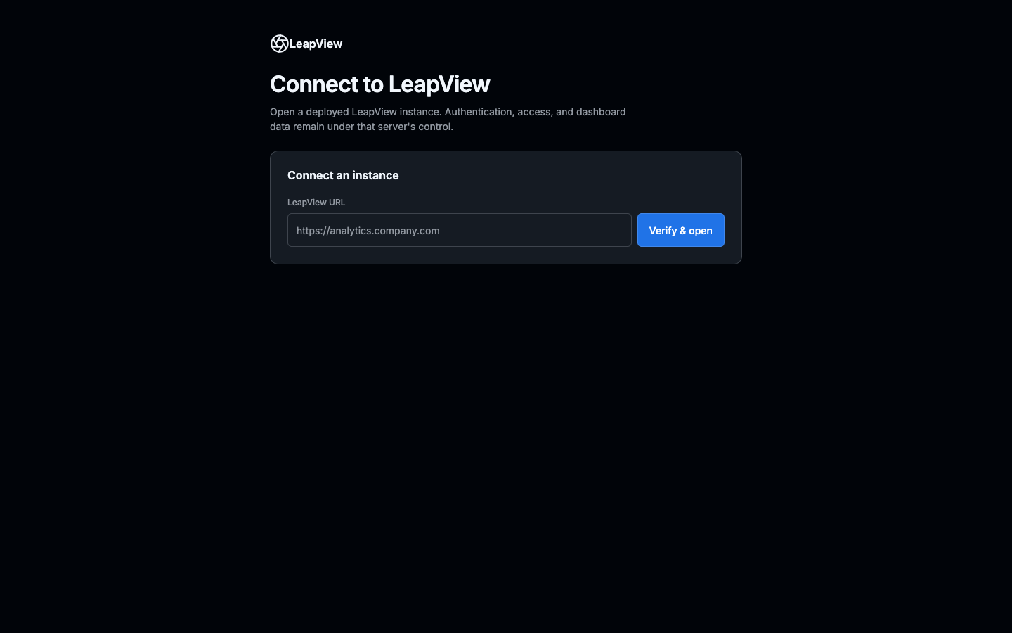 LeapView Desktop connection screen for opening a deployed LeapView instance